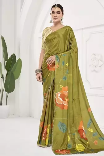 olive green  premium printed saree with blouse or saraowski border