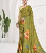 olive green  printed saree with blouse or saraowski border