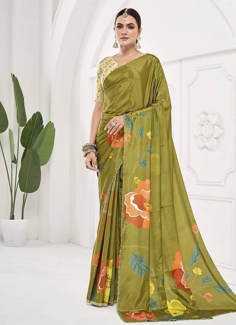 olive green  premium printed saree with blouse or saraowski border