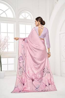 baby pink  printed saree with blouse or saraowski border 4