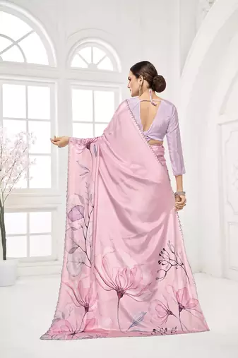 baby pink  printed saree with blouse or saraowski border