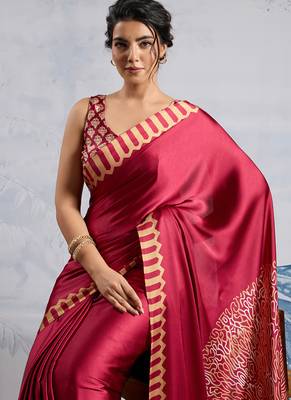 Maroon modal satin ajrakh print saree 3