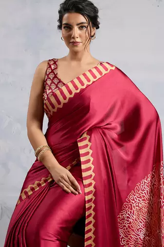 Maroon modal satin ajrakh print saree