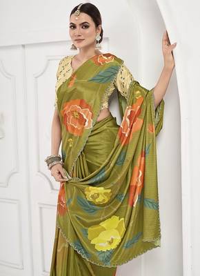 olive green  printed saree with blouse or saraowski border 2