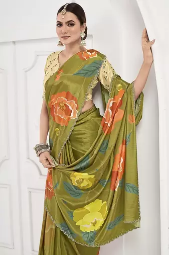olive green  printed saree with blouse or saraowski border