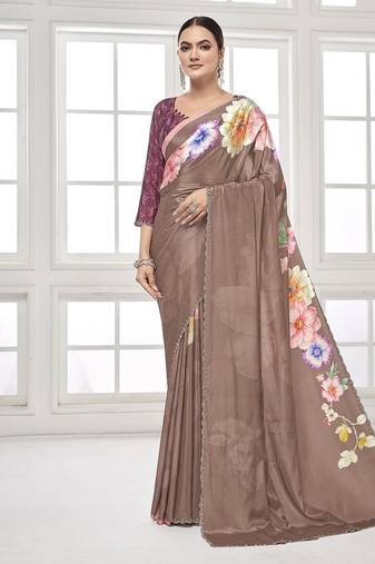 coffee  premium printed saree with blouse or saraowski border