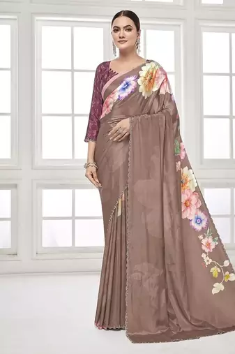 coffee  premium printed saree with blouse or saraowski border