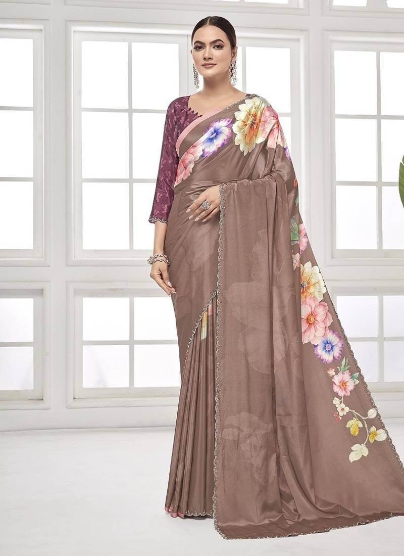 coffee  premium printed saree with blouse or saraowski border