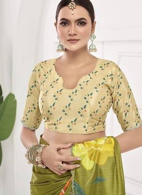olive green  printed saree with blouse or saraowski border 3