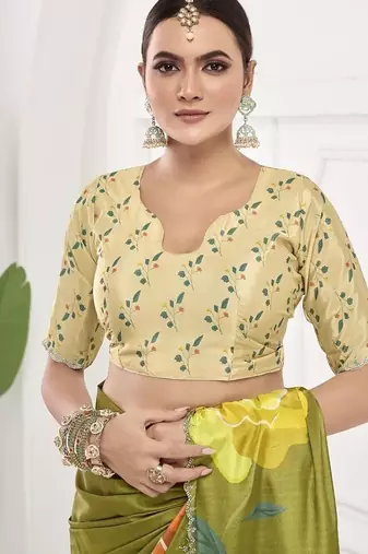 olive green  printed saree with blouse or saraowski border