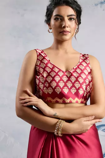 Maroon modal satin ajrakh print saree