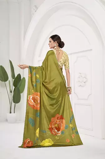 olive green  printed saree with blouse or saraowski border