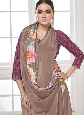 coffee  printed saree with blouse or saraowski border 2