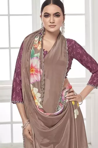 coffee  printed saree with blouse or saraowski border