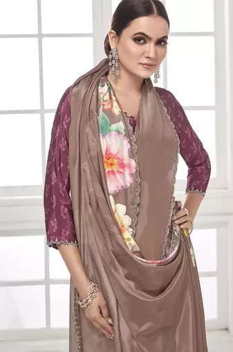 coffee  printed saree with blouse or saraowski border