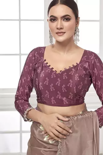 coffee  printed saree with blouse or saraowski border