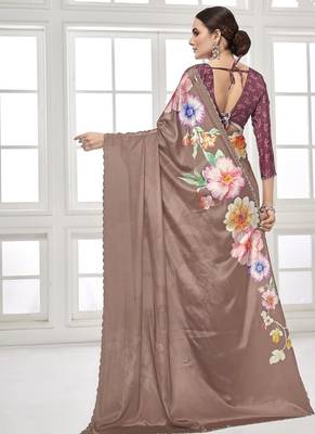 coffee  printed saree with blouse or saraowski border 5