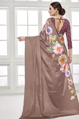 coffee  printed saree with blouse or saraowski border