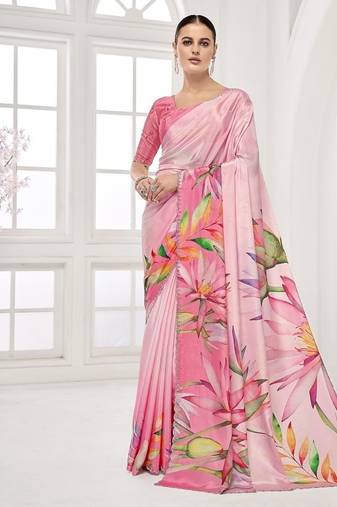 baby pink  premium printed saree with blouse or saraowski border