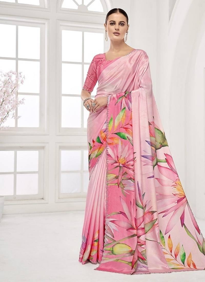 baby pink  premium printed saree with blouse or saraowski border