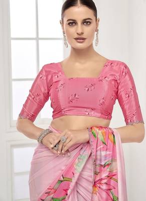 baby pink  printed saree with blouse or saraowski border 2