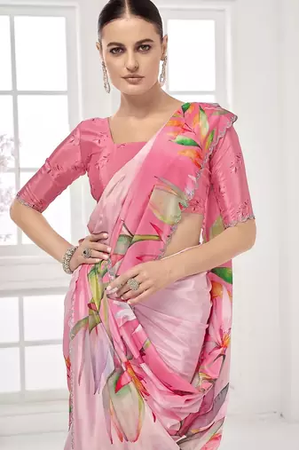 baby pink  printed saree with blouse or saraowski border