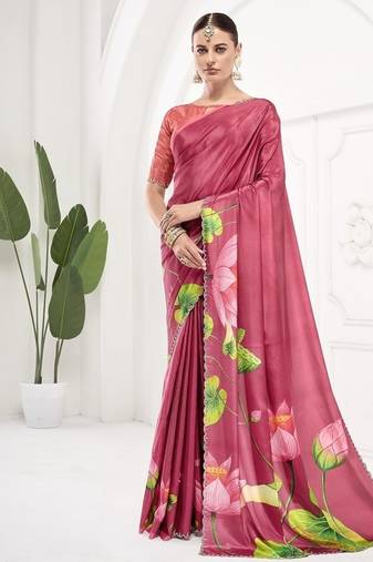 cherry pink  premium printed saree with blouse or saraowski border