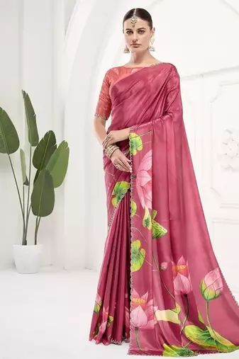 cherry pink  premium printed saree with blouse or saraowski border