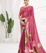 cherry pink  printed saree with blouse or saraowski border