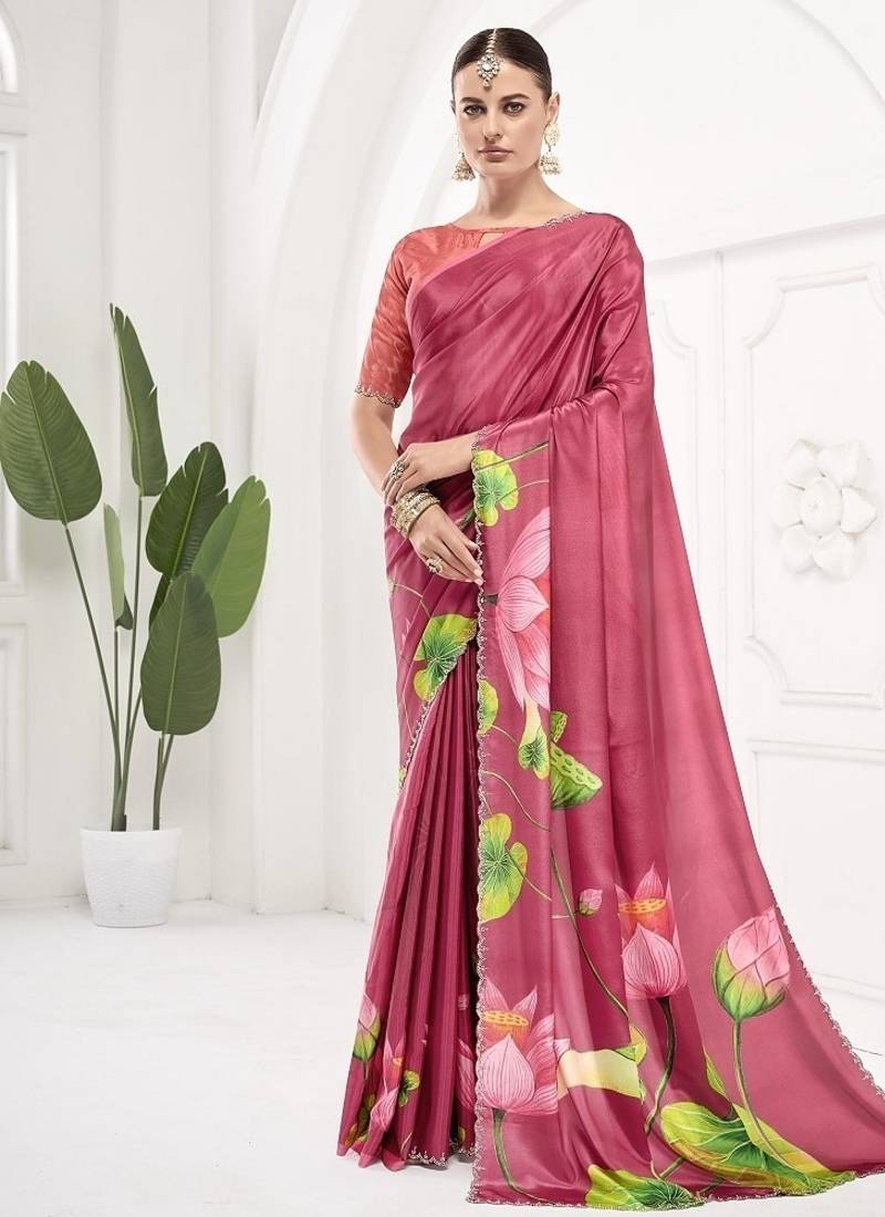 cherry pink  premium printed saree with blouse or saraowski border