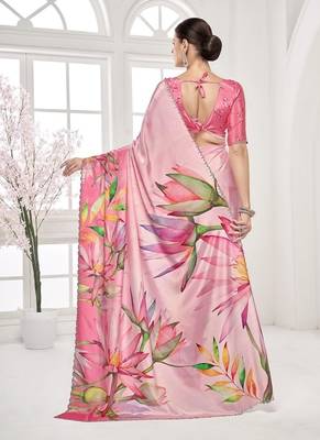 baby pink  printed saree with blouse or saraowski border 4