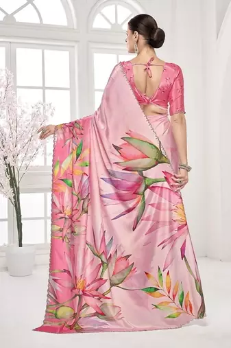 baby pink  printed saree with blouse or saraowski border