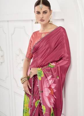 cherry pink  printed saree with blouse or saraowski border 2