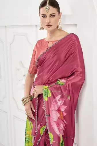 cherry pink  printed saree with blouse or saraowski border