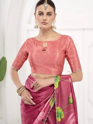 cherry pink  printed saree with blouse or saraowski border 3