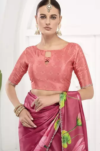 cherry pink  printed saree with blouse or saraowski border
