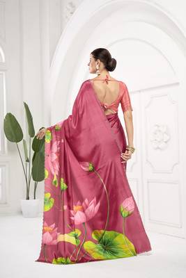 cherry pink  printed saree with blouse or saraowski border 4