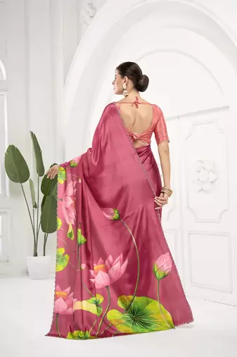 cherry pink  printed saree with blouse or saraowski border