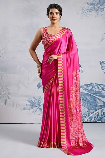 Pink modal satin ajrakh print saree