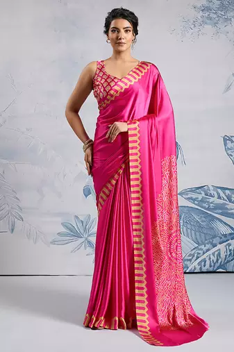 Pink modal satin ajrakh print saree
