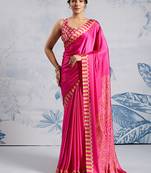 Pink modal satin ajrakh print saree