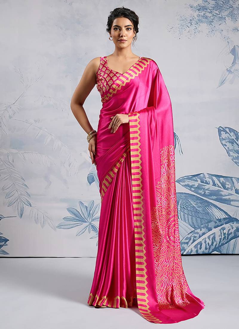 Pink modal satin ajrakh print saree