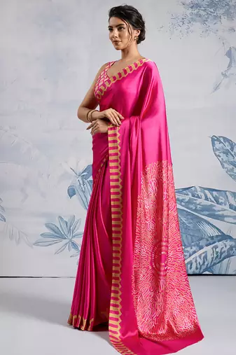 Pink modal satin ajrakh print saree