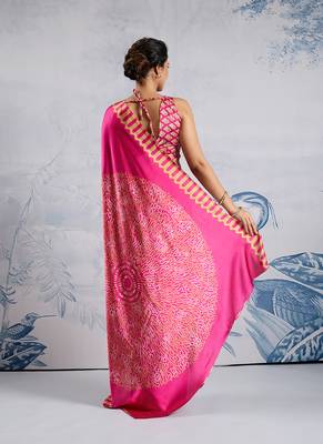 Pink modal satin ajrakh print saree 3