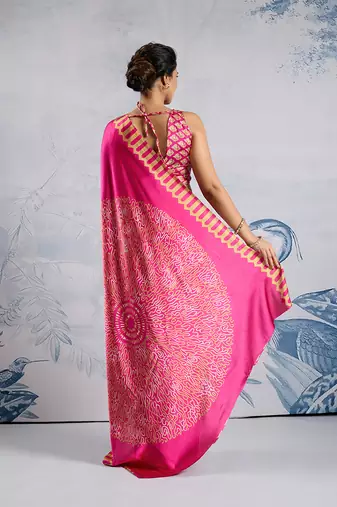 Pink modal satin ajrakh print saree