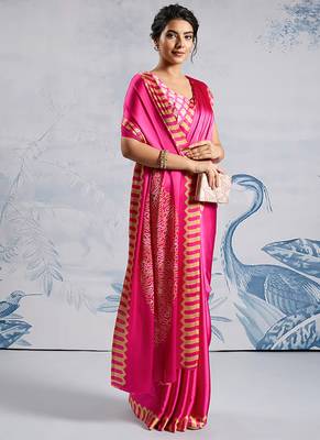 Pink modal satin ajrakh print saree 4