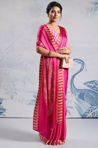 Pink modal satin ajrakh print saree