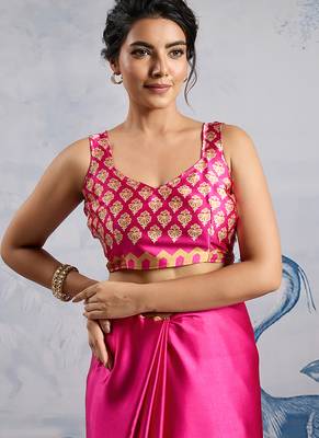 Pink modal satin ajrakh print saree 5