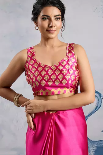 Pink modal satin ajrakh print saree