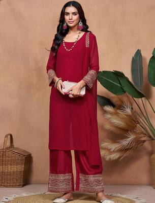 maroon georgette embroidered straight kurta palazzo and dupatta set 1